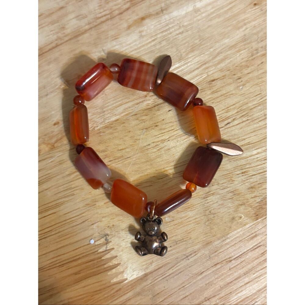 Brown Carnelian Stone Bracelet, Stretch, Adjustable, Copper Teddy Bear, NEW, Han